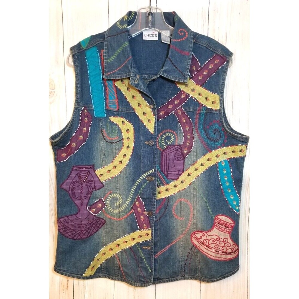 Chico's Women's Vest Denim Embroidered & Beaded Chico's Size 1 Unique Artsy